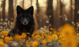 ai genererad porträtt av en skön svart räv i de skog med gul blommor foto