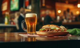 ai genererad nötkött burger med franska frites och en glas av öl i en pub foto