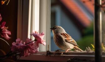 ai genererad liten Sparv Sammanträde på de fönster tröskel och ser ut de fönster foto