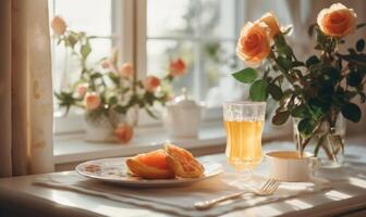 ai genererad en bukett av blommor i en vas och en glas av orange juice på de fönsterkarm foto