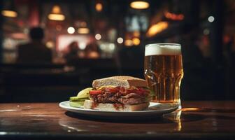 ai genererad en hamburgare och en glas av öl på en trä- tabell i en pub foto