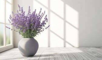 ai genererad lavendel- blommor i vas på vit hylla mot vit vägg foto