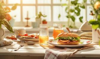 ai genererad frukost i de morgon- med en smörgås, juice och färsk grönsaker foto