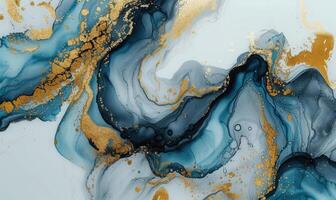 ai genererad blå och guld abstrakt akryl bakgrund. marmorering konstverk textur. agat krusning mönster. guld pulver. foto