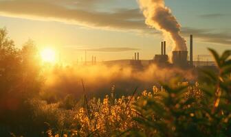 ai genererad industriell landskap med fabriksskorsten på soluppgång. energi generation och tung industri foto