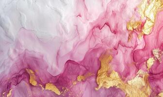 ai genererad rosa och guld abstrakt textur bakgrund. marmorering konstverk textur. rosa kvarts krusning mönster. guld pulver. foto