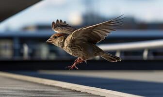 ai genererad en Sparv flugor i de luft på en bakgrund av byggnader. foto