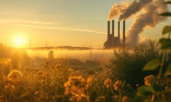 ai genererad industriell landskap med fabriksskorsten på soluppgång. energi generation och tung industri foto