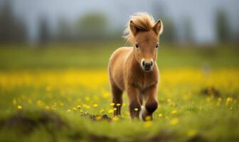 ai genererad liten ponny föl spela på en äng med gul blommor foto
