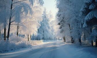 ai genererad skön vinter- skog landskap med träd täckt med rimfrost och snö foto