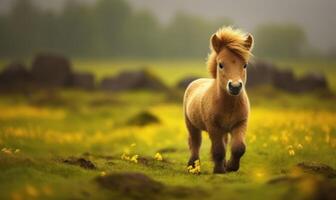 ai genererad liten ponny föl spela på en äng med gul blommor foto