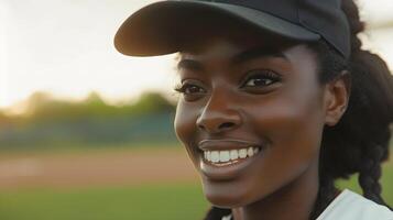 ai genererad porträtt av en leende svart kvinna i baseboll spelare enhetlig, bakgrund bild, ai genererad foto