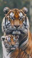 ai genererad porträtt av en manlig tiger med en liten tiger Valp, bakgrund bild, generativ ai foto