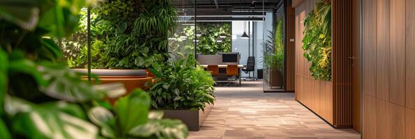 ai genererad kontor växtlandskap, monter en mängd av inomhus- växter strategiskt placerad runt om de kontor, bakgrund bild, generativ ai foto
