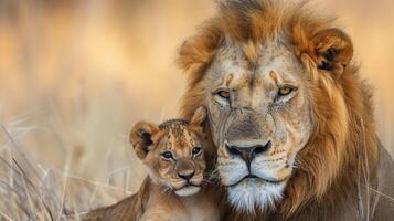 ai genererad porträtt av en manlig lejon med en liten lejon Valp, bakgrund bild, generativ ai foto