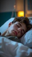 ai genererad porträtt av en ung vit manlig sovande sjuk i en sjukhus säng med en plågad ansikte, bakgrund bild, ai genererad foto