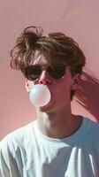 ai genererad porträtt av en ung vit manlig bär solglasögon blåser bubbla gummi, bakgrund bild, generativ ai foto