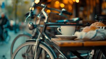 ai genererad cykel och kaffe, cyklist tar en ha sönder på en mysigt Kafé med en cykel parkerad närliggande, bakgrund bild, generativ ai foto