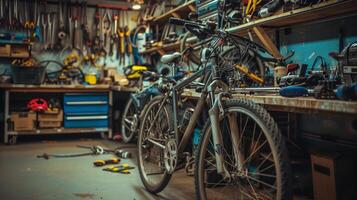 ai genererad cykel reparera verkstad, bakgrund bild, generativ ai foto