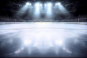 ai genererad frostig arena, tömma is rink upplyst förbi spotlights, skapande en vintrig scen av snö och is bakgrund foto