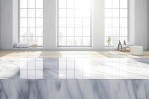 ai genererad tömma marmor tabell topp med suddig badrum interiör bakgrund foto
