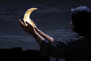 ai genererad moslem kvinna innehav en gul halvmåne måne på henne hand under de natt foto