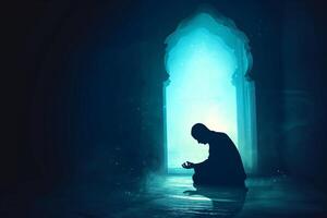 ai genererad moslem man silhuett håller på med salat bön- för allah inuti de moské på natt, tahajjud. blå mörk natt. foto