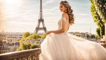 ai genererad skön brud i en vit klänning mot de bakgrund av de eiffel torn foto