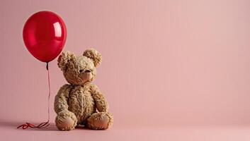 ai genererad teddy Björn med röd ballong på rosa bakgrund foto