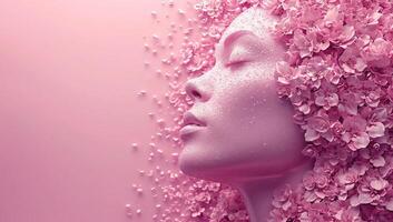 ai genererad ansikte av kvinna med rosa blommor på rosa bakgrund. kvinna dag begrepp. foto