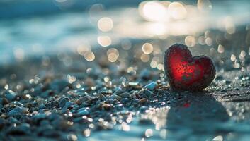 ai genererad röd hjärta på de strand med bokeh bakgrund. valentines dag foto