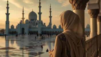 ai genererad kvinna observera stor moské på solnedgång foto