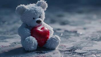 ai genererad teddy Björn med röd hjärta på mörk bakgrund. valentines dag begrepp foto