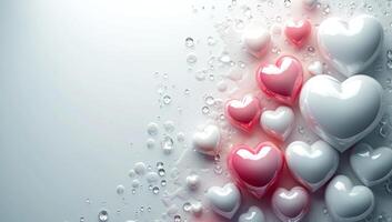 ai genererad hjärtans dag bakgrund med vit och röd hjärtan och vatten droppar foto