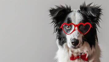 ai genererad rolig porträtt av valp hund gräns collie bär röd hjärta formad glasögon isolerat på grå bakgrund. kärlek och valentines dag begrepp foto