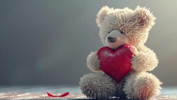 ai genererad teddy Björn innehav en röd hjärta. hjärtans dag begrepp. foto