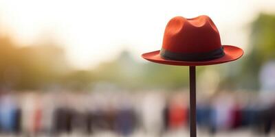 ai genererad en röd hatt står ensam på en Pol mitt i en suddig folkmassan foto