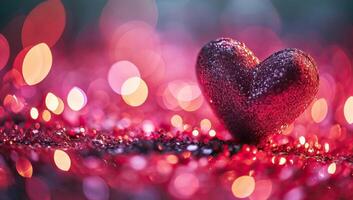 ai genererad valentines dag bakgrund med röd hjärta på bokeh lampor foto