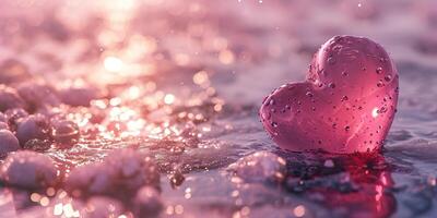 ai genererad hjärtans dag bakgrund med rosa hjärta och vatten droppar. foto