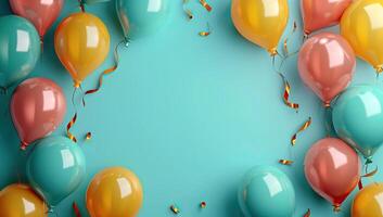 ai genererad 3d framställa av färgrik ballonger med konfetti på blå bakgrund. foto