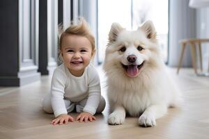 ai genererad liten caucasian blond unge spelar med en fluffig hund på de golv i de levande rum på Hem foto