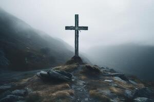 ai genererad ensam korsa på en sten i en dimmig dyster berg landskap foto