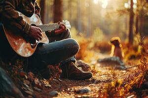 ai genererad en man i en brun läder jacka spelar de gitarr medan Sammanträde på en väg i de höst skog foto