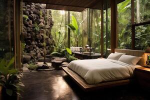 ai genererad modern interiör av ett miljövänlig hotell sovrum i en djup djungel foto