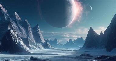 ai genererad sci fi landskap utomjording kall is planet med blå berg och stenar foto