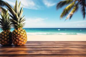 ai genererad två ananas på trä- tabell topp med sommar havsstrand på bakgrund foto