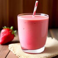 ai genererad friska jordgubb smoothie i en transparent glas med jordgubbar. generativ ai. foto