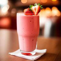 ai genererad friska jordgubb smoothie i en transparent glas med jordgubbar. generativ ai. foto
