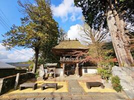 yufuin, japan november 12, 2023 bussanji tempel. dess tempel Port är enorm och har en halmtak tak. den är en landmärke av yufuin. foto