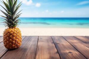 ai genererad mogen gott ananas på trä- tabell topp på tropisk strand hav eller hav sommar bakgrund foto